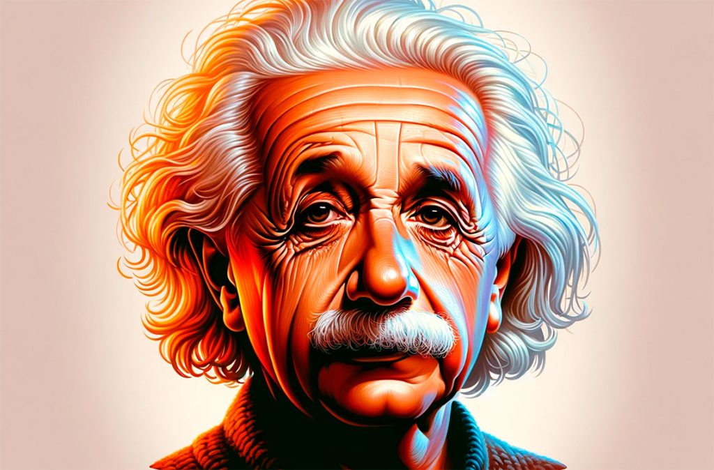 Albert Einstein: Un retrato vibrante del genio icónico, capturando su característica mirada reflexiva y profundidad intelectual.