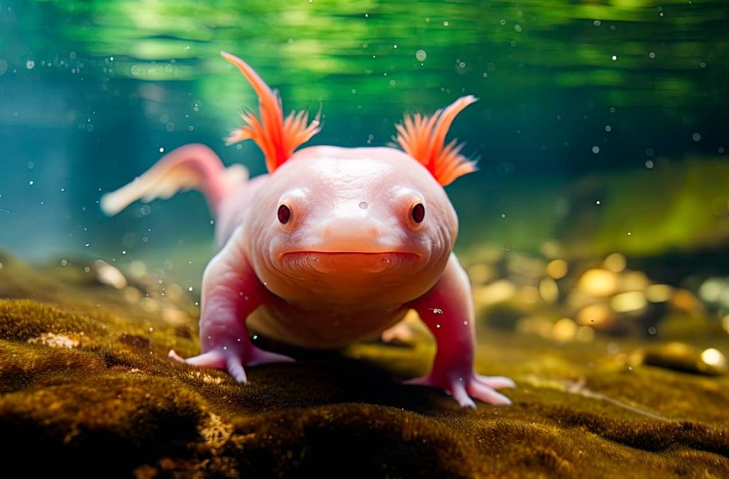 Un axolote sonriente descansa en su hábitat acuático, mostrando su encantadora y enigmática presencia que lo convierte en uno de los seres más fascinantes de la naturaleza. / Foto: Freepik