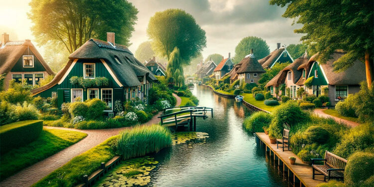 Giethoorn, la Venecia del Norte: Un remanso de paz en los Países Bajos, donde los canales serenos y las encantadoras cabañas crean un paisaje de ensueño, invitando a un viaje por la tranquilidad y la belleza natural.