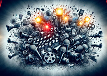 Escenario de Estrellas: Una representación artística del mundo del espectáculo, donde el cine, la música y el deporte se entrelazan, capturando la esencia vibrante y diversa de la cultura de la celebridad.