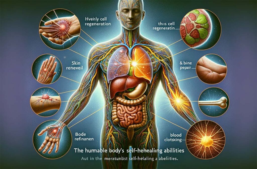 El Arte de la Autocuración: Una visión amplia de la impresionante capacidad del cuerpo humano para regenerarse, desde la reparación ósea hasta la renovación celular, destacando la resiliencia y complejidad de nuestro organismo.