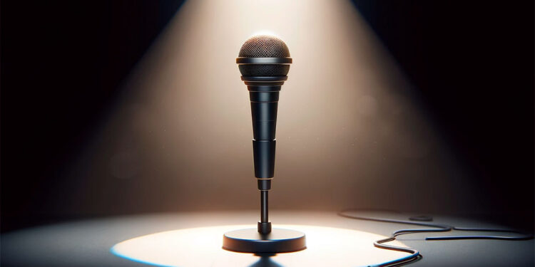 En el Escenario del Humor: Un solitario micrófono en el centro del escenario, capturando el espíritu esencial de la comedia stand-up, donde una simple voz puede desatar carcajadas y unir al público en un momento de alegría compartida.