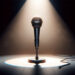 En el Escenario del Humor: Un solitario micrófono en el centro del escenario, capturando el espíritu esencial de la comedia stand-up, donde una simple voz puede desatar carcajadas y unir al público en un momento de alegría compartida.