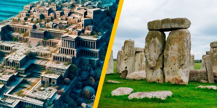 Contrastes del Pasado: Un collage que revela la belleza y el misterio de Pavlopetri, la ciudad sumergida de Grecia, y la majestuosidad de Stonehenge en Inglaterra, dos enigmas históricos que siguen cautivando al mundo.