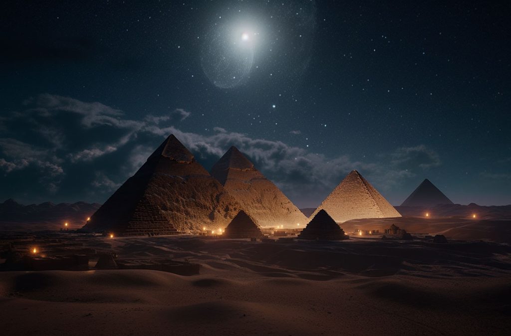 Las Pirámides de Giza se alzan majestuosas bajo un cielo estrellado, envueltas en el silencio y el misterio de la antigüedad. / Imagen Ilustrativa