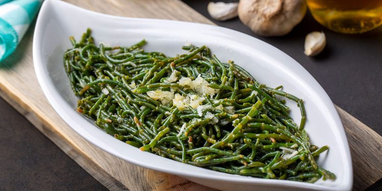 Plato gourmet de salicornia fresca, presentando la vibrante y nutritiva planta marina en toda su gloria culinaria. / Foto: Freepik
